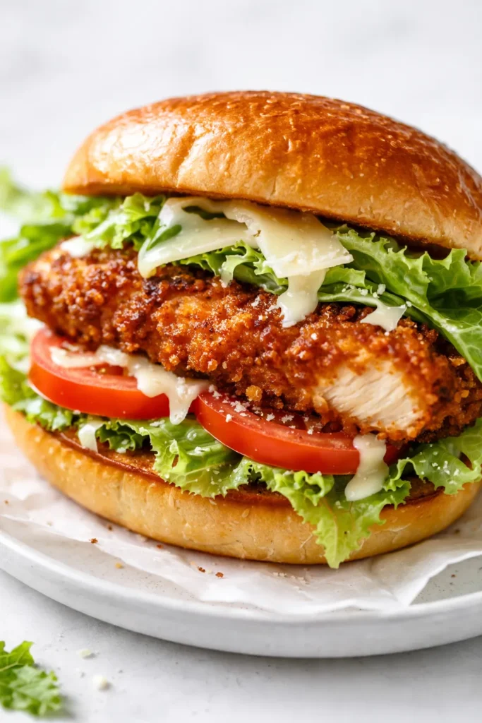 Crispy chicken Caesar sandwich with golden brown breaded chicken, crisp romaine lettuce, shaved Parmesan, and creamy Caesar dressing on a toasted ciabatta roll.