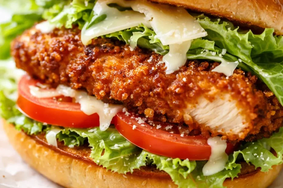 Crispy chicken Caesar sandwich with golden brown breaded chicken, crisp romaine lettuce, shaved Parmesan, and creamy Caesar dressing on a toasted ciabatta roll.