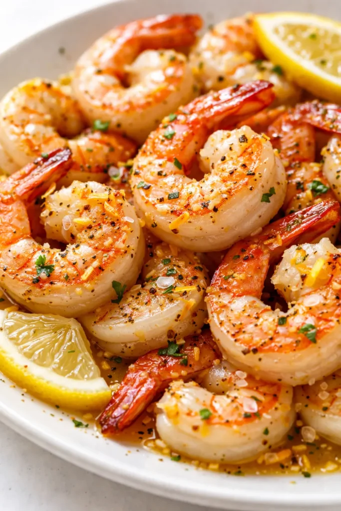 Golden brown crispy garlic lemon shrimp garnished with fresh parsley and lemon wedges on a white plate.