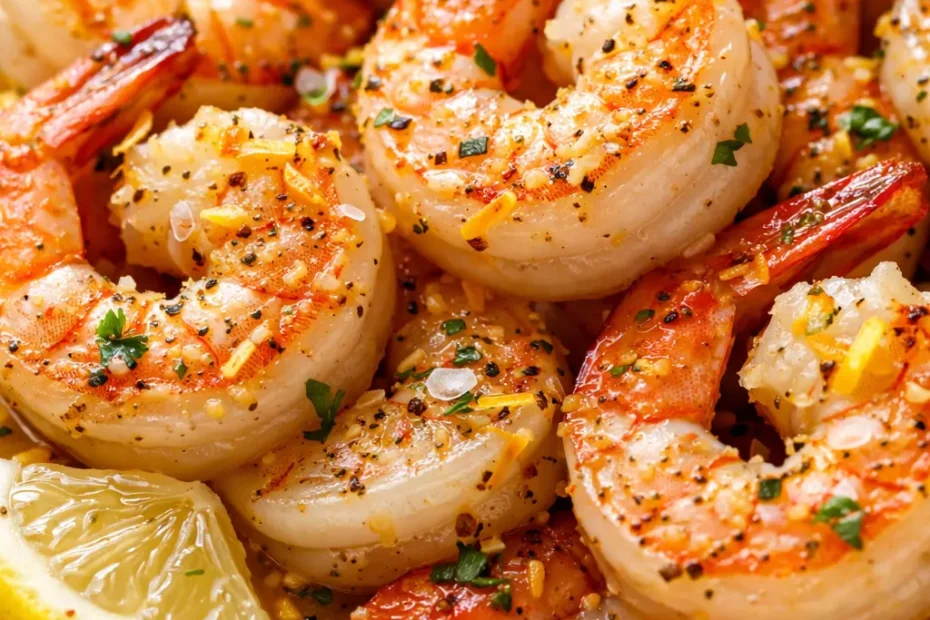 Golden brown crispy garlic lemon shrimp garnished with fresh parsley and lemon wedges on a white plate.