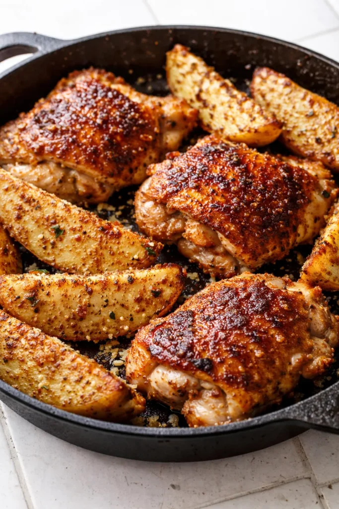 Crispy skin garlic parmesan chicken thighs with tender roasted potatoes, golden brown with melted parmesan and garlic cloves.