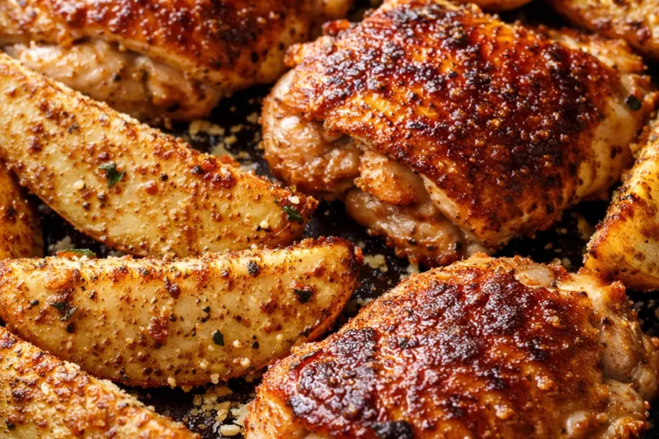 Crispy skin garlic parmesan chicken thighs with tender roasted potatoes, golden brown with melted parmesan and garlic cloves.