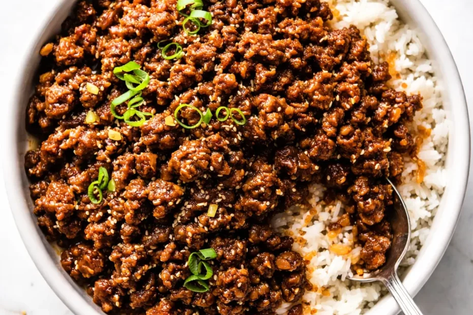 Crispy honey garlic ground beef rice bowl garnished with green onions and sesame seeds, glossy sauce coating the beef over steamed white rice.