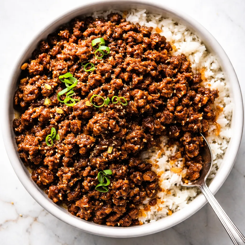 Crispy honey garlic ground beef rice bowl garnished with green onions and sesame seeds, glossy sauce coating the beef over steamed white rice.