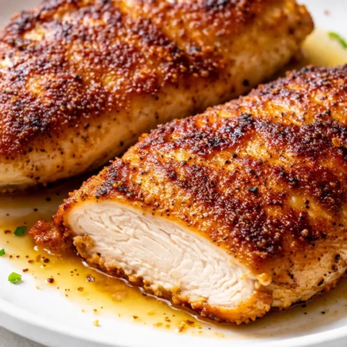 Golden brown crispy Mediterranean chicken cutlets with fresh herbs and lemon slices on a white plate