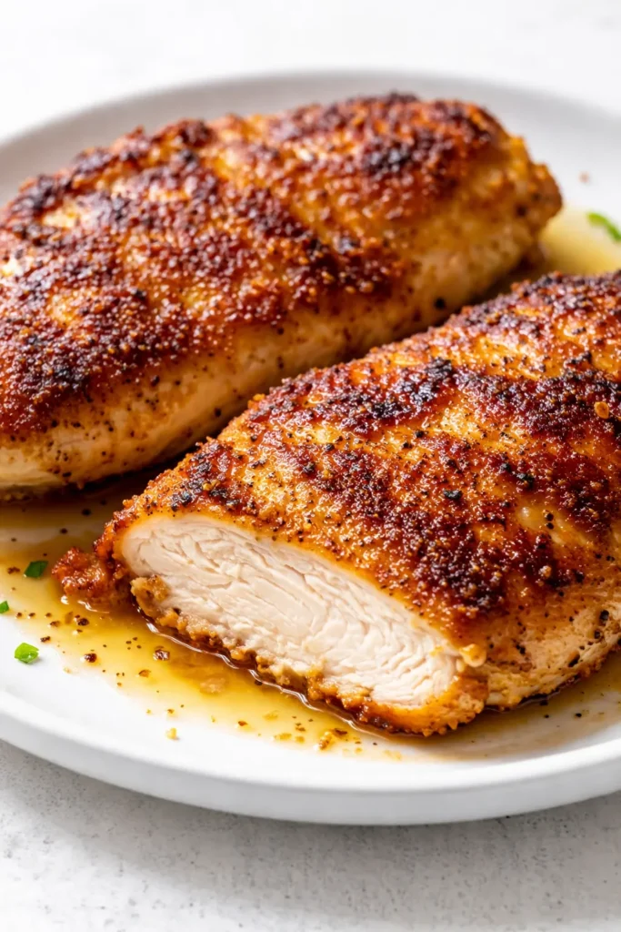 Golden brown crispy Mediterranean chicken cutlets with fresh herbs and lemon slices on a white plate