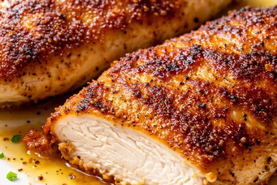 Golden brown crispy Mediterranean chicken cutlets with fresh herbs and lemon slices on a white plate
