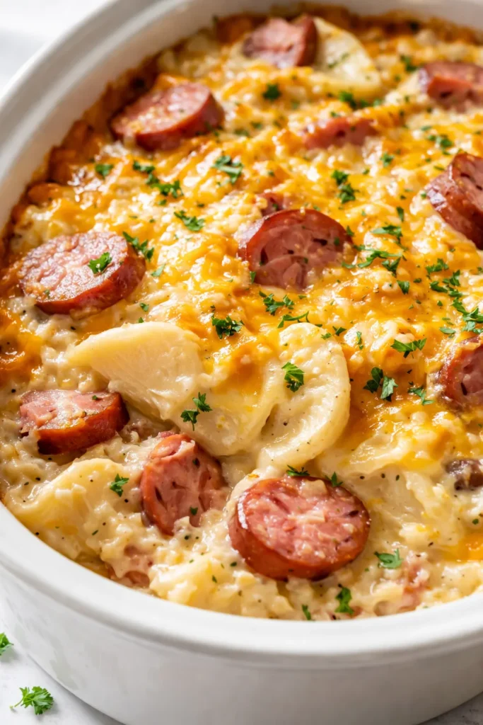 Crockpot pierogi casserole with kielbasa, creamy golden layers of pierogies and smoked sausage topped with melted cheese and crispy edges.