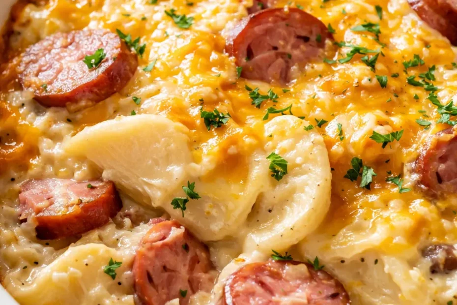 Crockpot pierogi casserole with kielbasa, creamy golden layers of pierogies and smoked sausage topped with melted cheese and crispy edges.