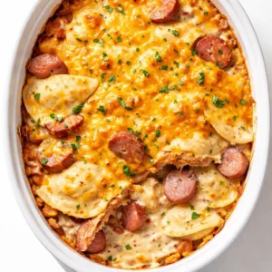 Layers of frozen pierogies, sliced kielbasa, shredded cheddar, and cream cheese in a slow cooker before cooking.