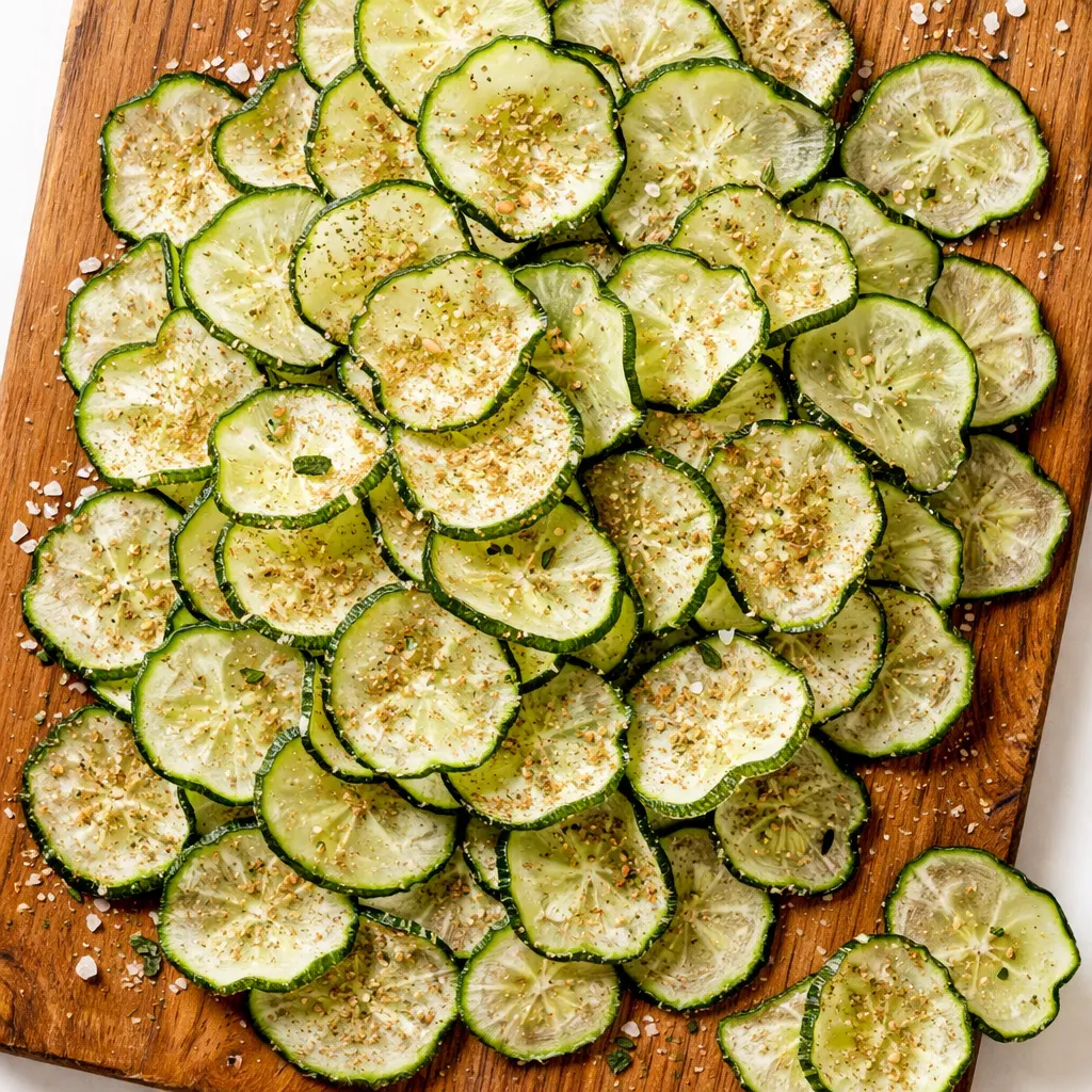 Cucumber slices coated in ranch seasoning arranged on a parchment-lined baking sheet, ready for the oven.