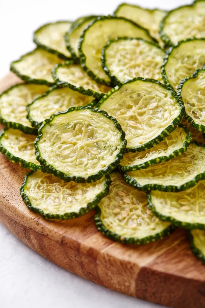 Crispy crunchy ranch cucumber chips, oven-baked to golden brown, with a light ranch coating and vibrant green cucumber centers.