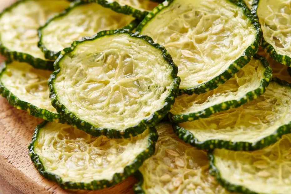 Crispy crunchy ranch cucumber chips, oven-baked to golden brown, with a light ranch coating and vibrant green cucumber centers.