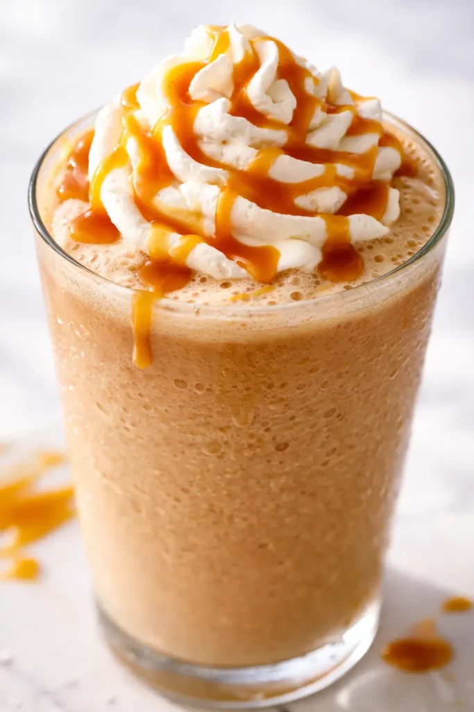 Tall glass of DIY Caramel Crunch Frappe topped with whipped cream, caramel drizzle, and crunchy bits, creamy brown tones.