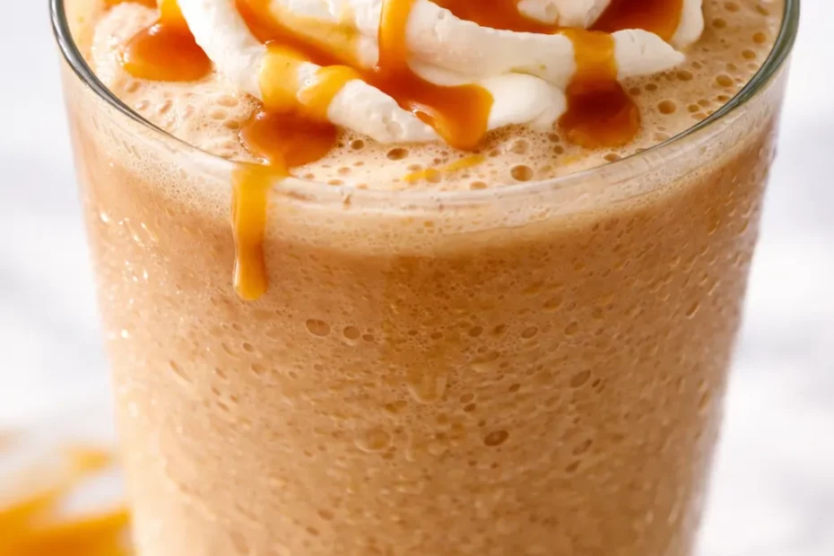Tall glass of DIY Caramel Crunch Frappe topped with whipped cream, caramel drizzle, and crunchy bits, creamy brown tones.
