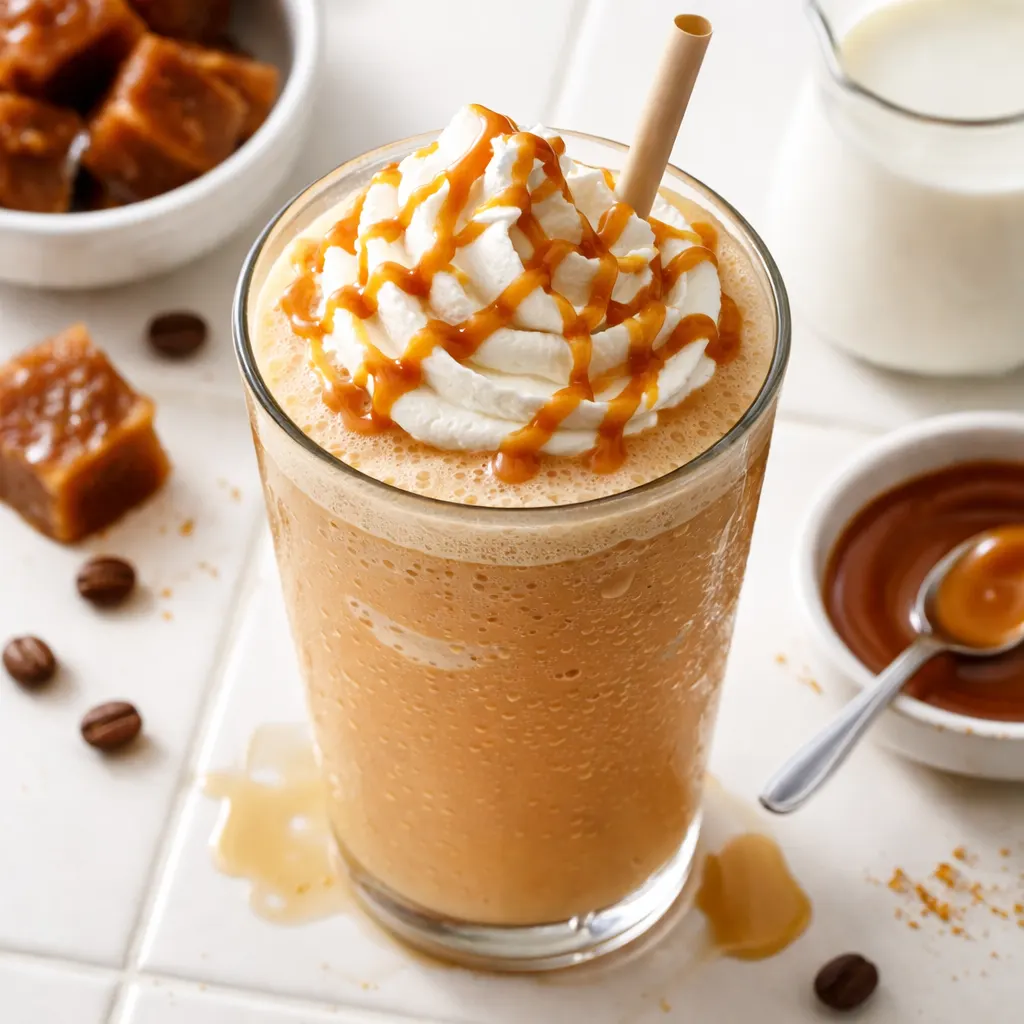 Pouring thick homemade caramel sauce into a blender with iced coffee and milk to create a DIY caramel crunch frappe.