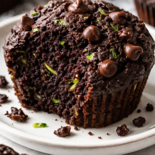 Rich double chocolate zucchini muffins with gooey chocolate chips and tender crumb, showing fresh zucchini flecks.