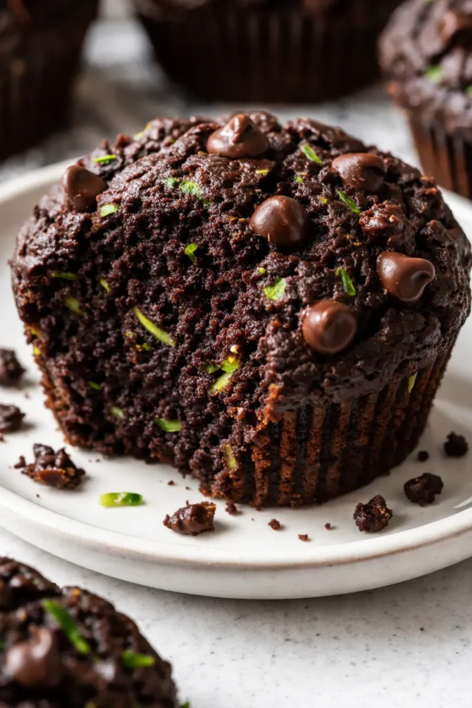Rich double chocolate zucchini muffins with gooey chocolate chips and tender crumb, showing fresh zucchini flecks.