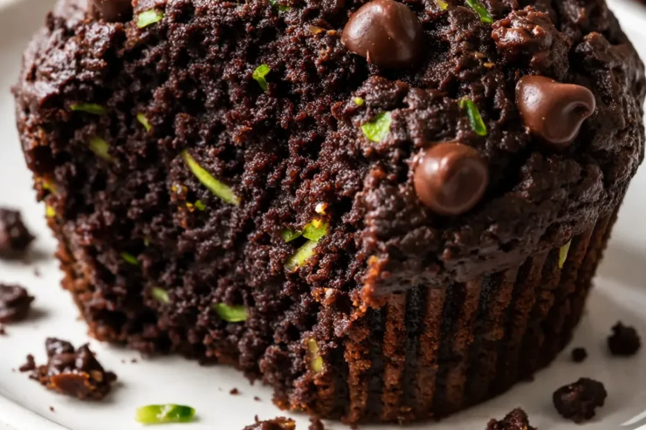 Rich double chocolate zucchini muffins with gooey chocolate chips and tender crumb, showing fresh zucchini flecks.
