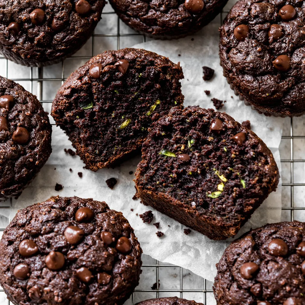 Mixing shredded zucchini and chocolate chips into dark brown muffin batter for double chocolate zucchini muffins.