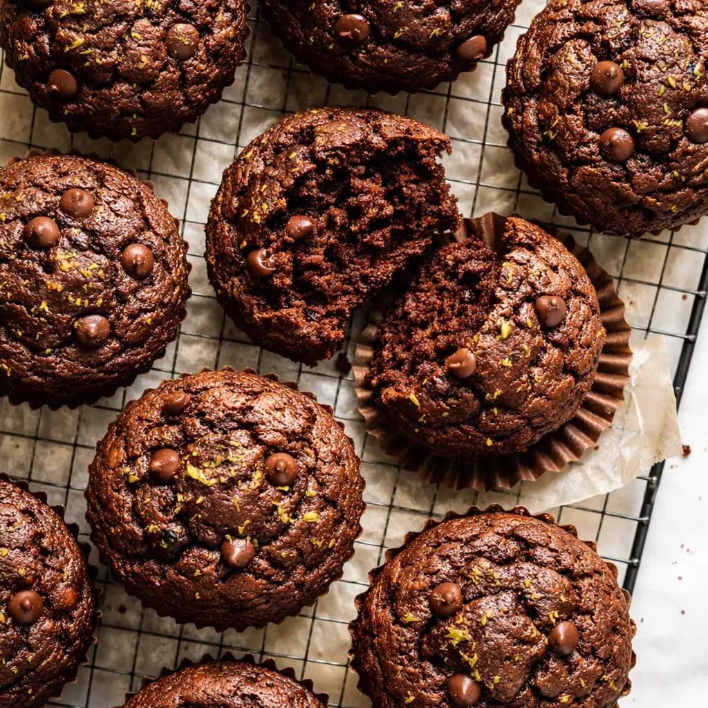 Tall double chocolate zucchini muffins with crackly domes, moist crumb, and visible chocolate chips.