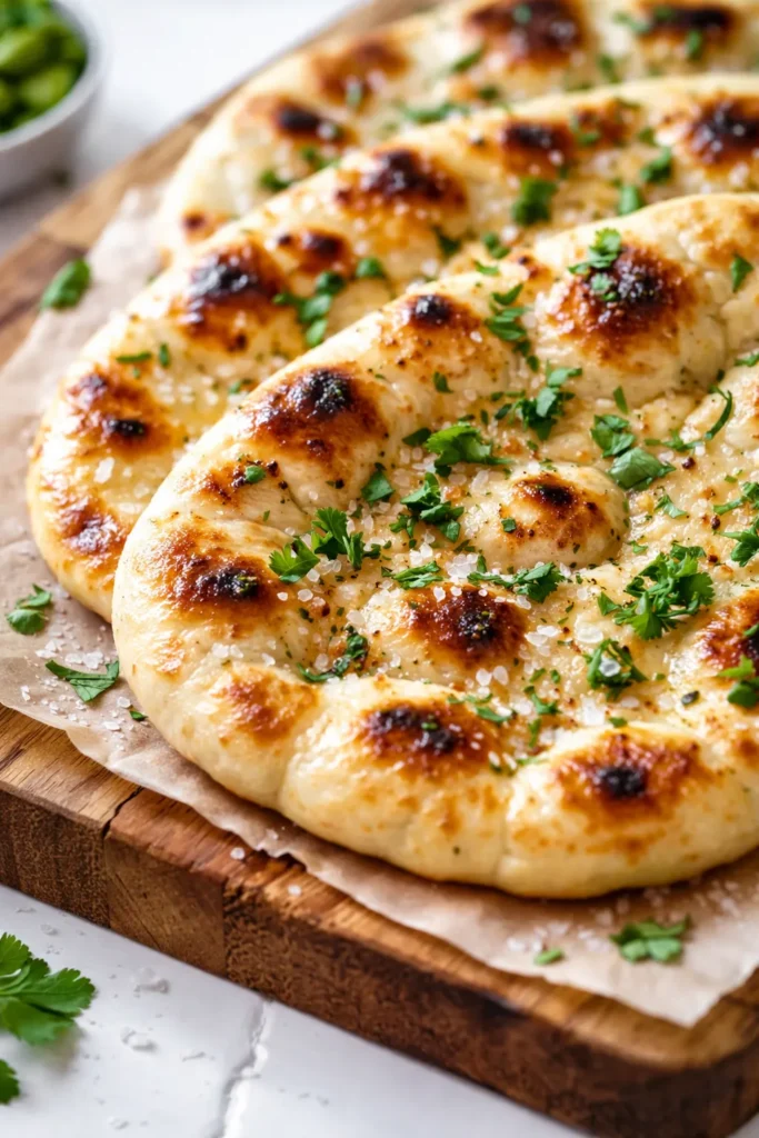 Golden brown garlic naan bread with charred spots and melted butter, soft and fluffy texture on a dark plate.