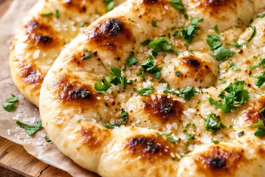 Golden brown garlic naan bread with charred spots and melted butter, soft and fluffy texture on a dark plate.