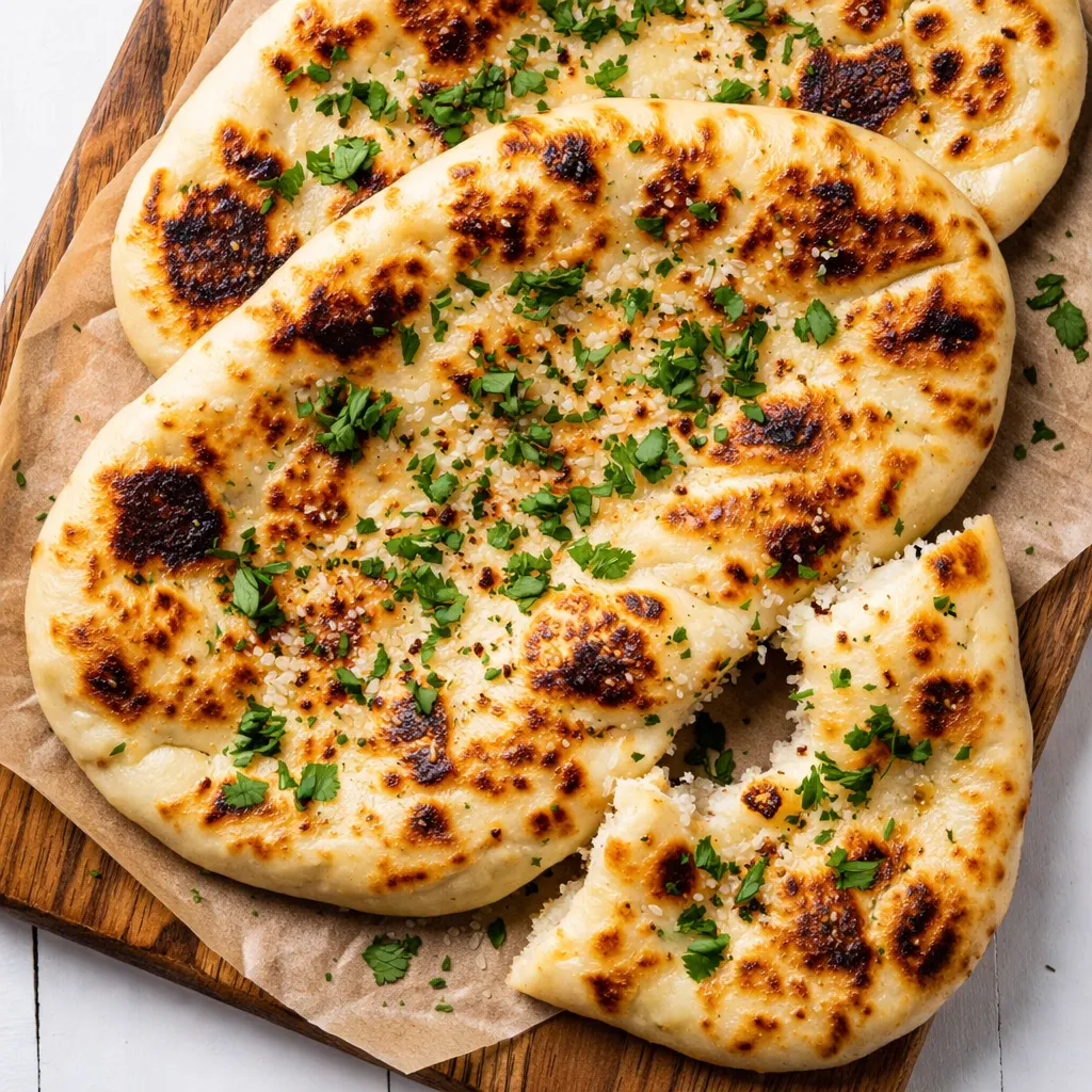 Soft, pillowy garlic naan dough being kneaded on a floured surface with visible flecks of garlic and herbs.
