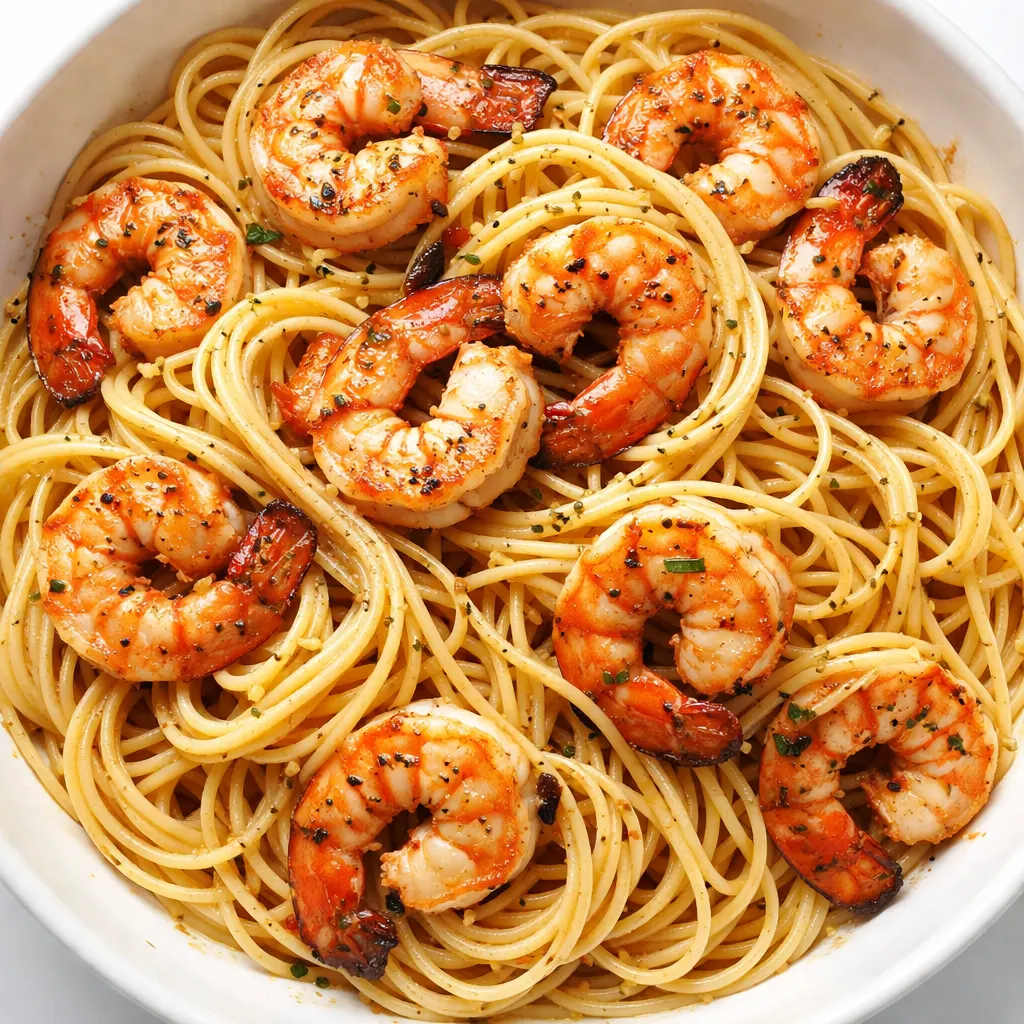 Plump shrimp coated in creamy garlic sauce with parsley and red pepper flakes, beside pasta in a white pan.