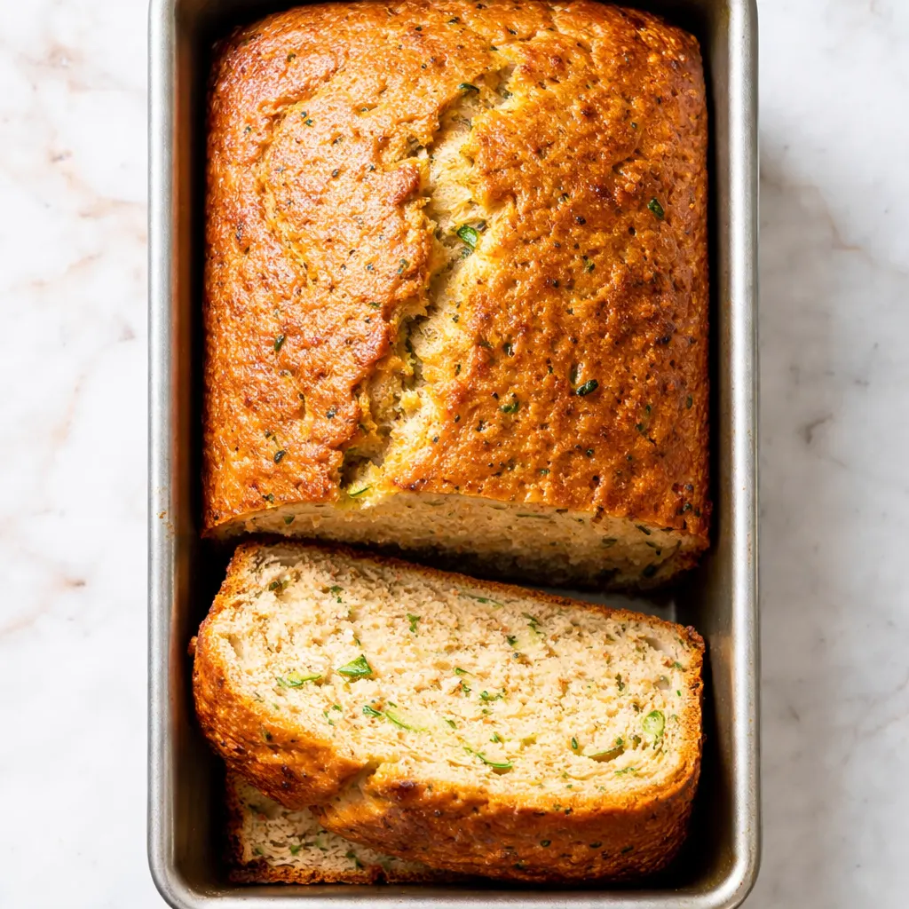 Moist slice of easy zucchini cake mix bread with golden crust and green zucchini flecks.