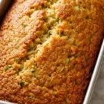 Moist zucchini cake mix bread slice with green zucchini flecks and golden-brown crust on a wooden board.