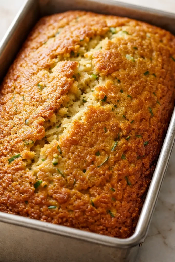Moist zucchini cake mix bread slice with green zucchini flecks and golden-brown crust on a wooden board.