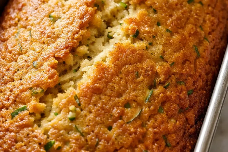 Moist zucchini cake mix bread slice with green zucchini flecks and golden-brown crust on a wooden board.