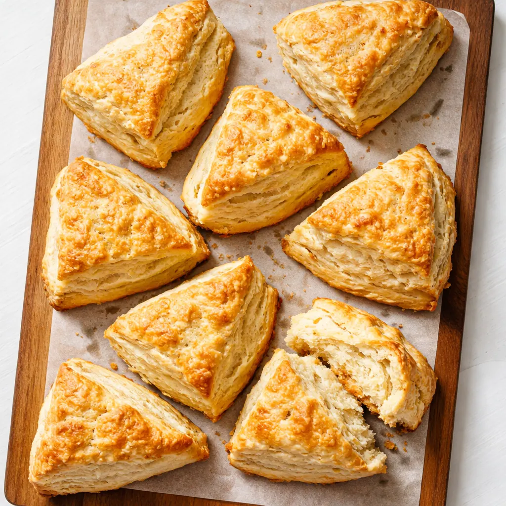 Flaky buttermilk scones dough being rolled out and cut into wedges, visible layers of butter and dough.