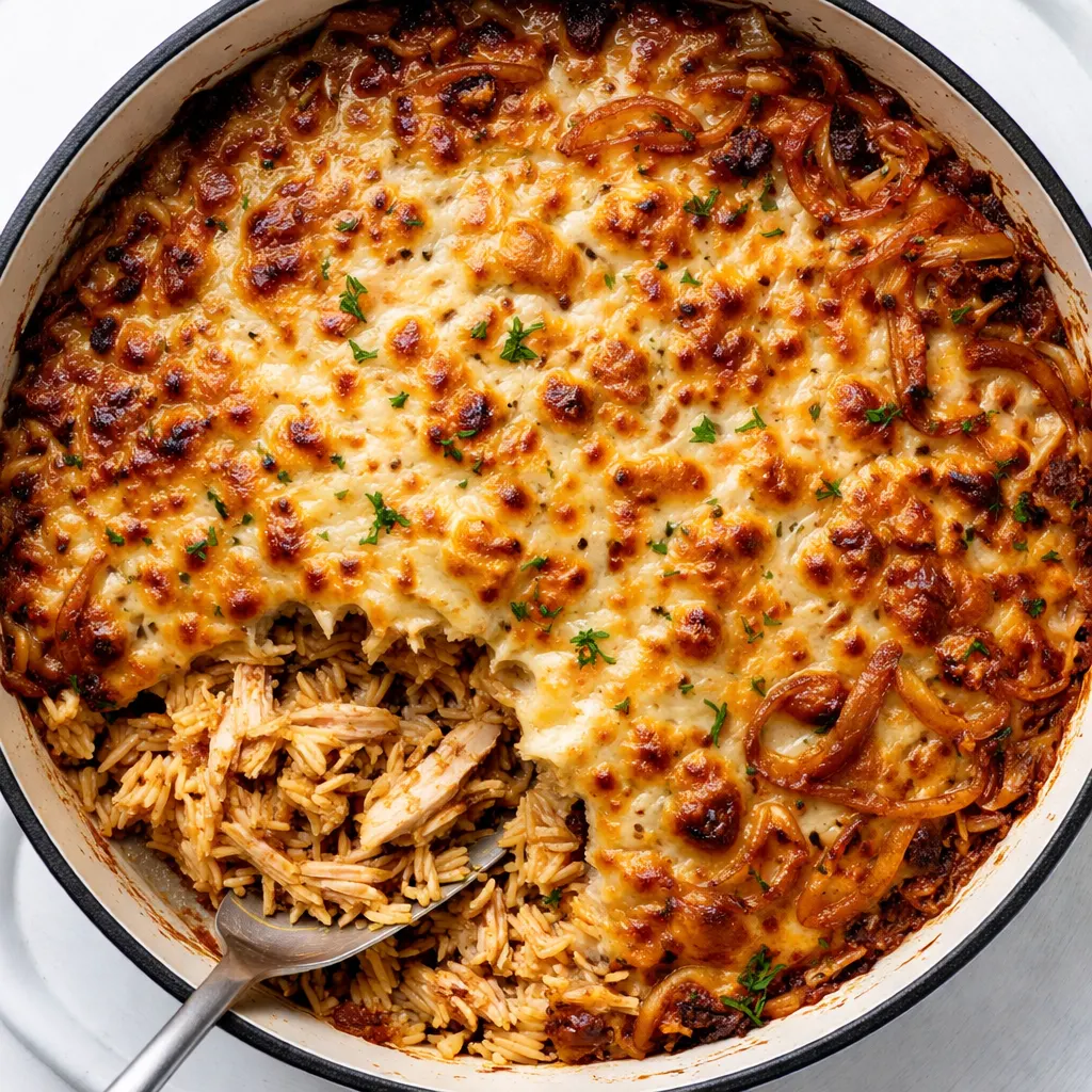 Mixing shredded chicken and orzo with caramelized onions and melted Gruyère in a baking dish for a rich golden casserole.