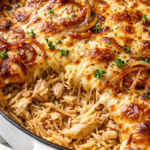 Rich and cheesy French onion chicken orzo casserole with bubbly melted cheese and golden brown top, served in a baking dish.