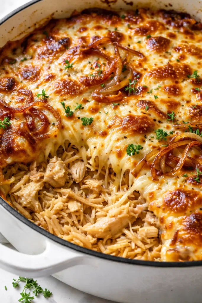 Rich and cheesy French onion chicken orzo casserole with bubbly melted cheese and golden brown top, served in a baking dish.