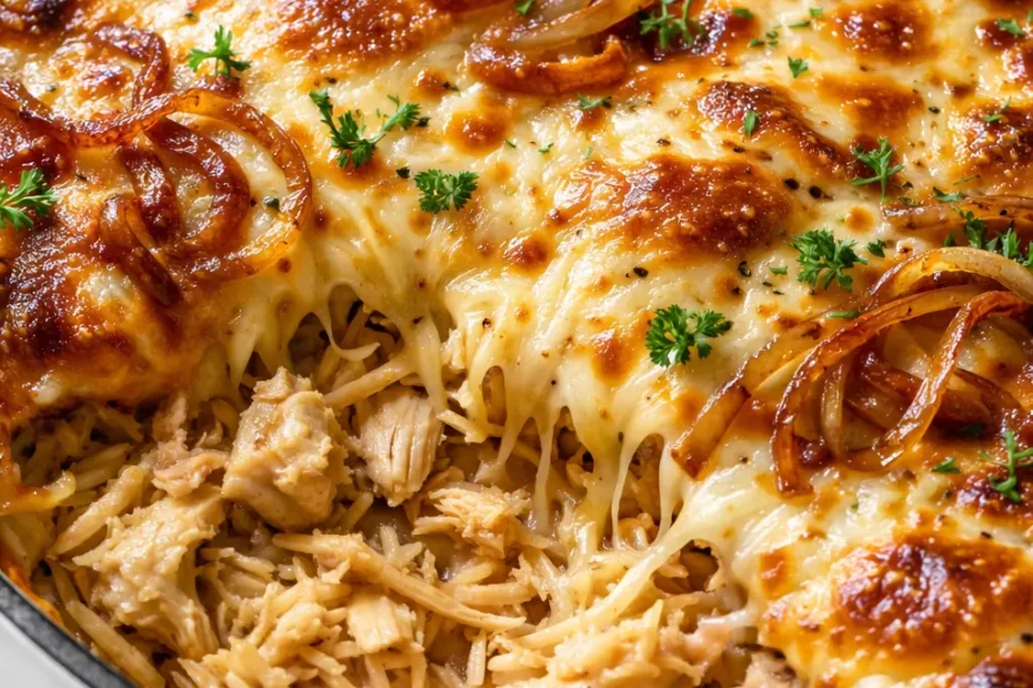 Rich and cheesy French onion chicken orzo casserole with bubbly melted cheese and golden brown top, served in a baking dish.