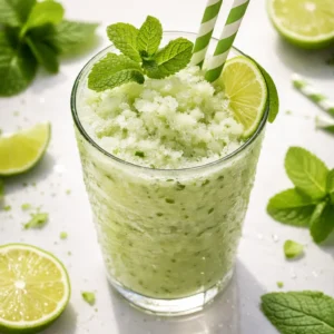 Crisp frozen mojito mocktail with fresh mint leaves and lime slices in a tall glass, ice blended.