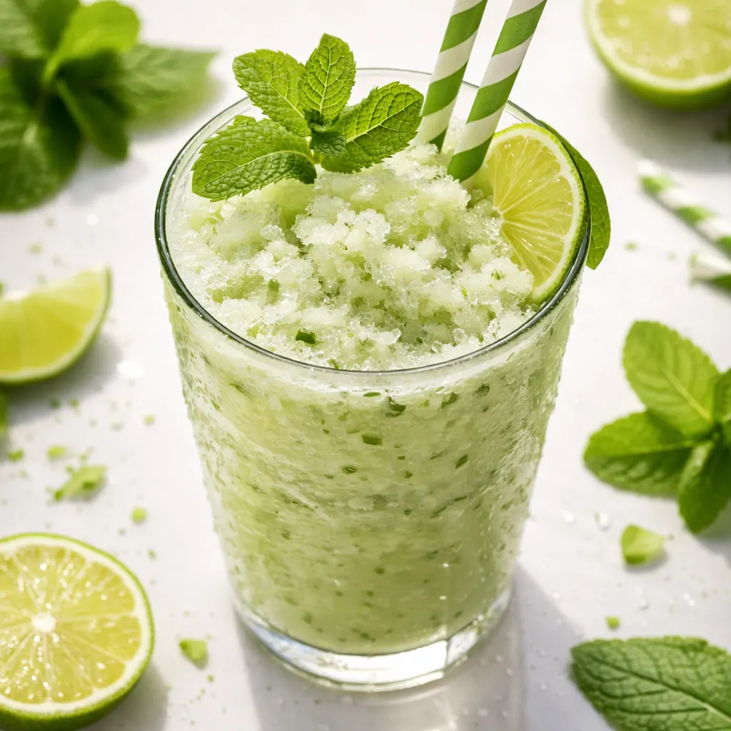 Crisp frozen mojito mocktail with fresh mint leaves and lime slices in a tall glass, ice blended.