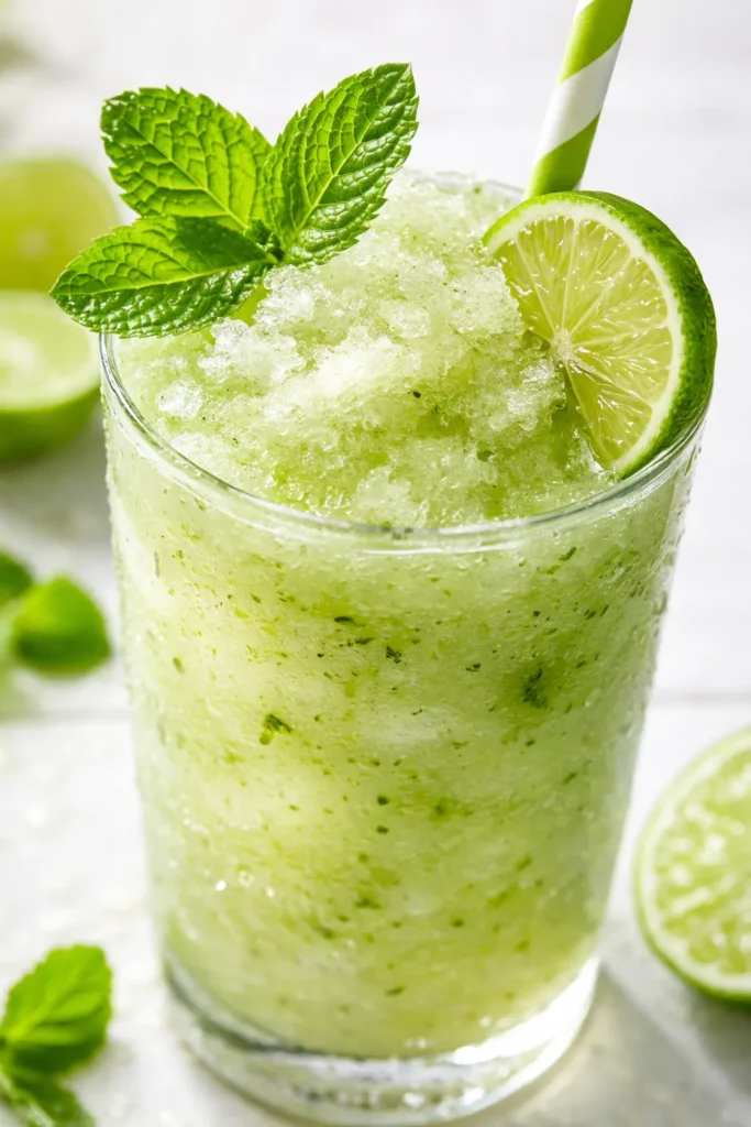 Frosty glass of frozen mojito mocktail with vibrant mint leaves and lime slices, icy green texture, crisp and refreshing.