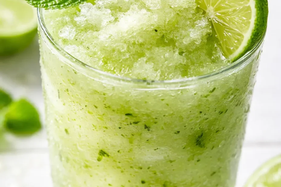 Frosty glass of frozen mojito mocktail with vibrant mint leaves and lime slices, icy green texture, crisp and refreshing.