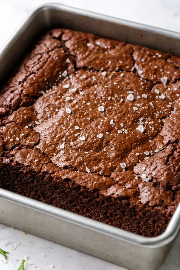 Fudgy chocolate cake slice with dense, moist crumb and dark chocolate color on a white plate, no frosting needed