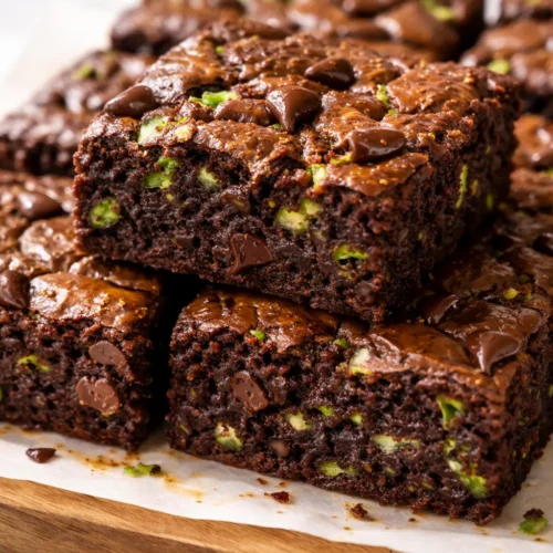 A square of fudgy zucchini brownies on a white plate, rich chocolate frosting, moist and decadent texture, no visible vegetables.