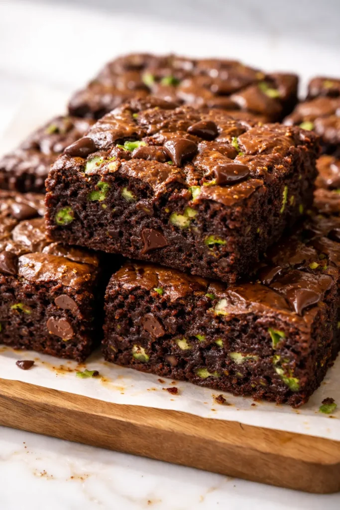 A square of fudgy zucchini brownies on a white plate, rich chocolate frosting, moist and decadent texture, no visible vegetables.
