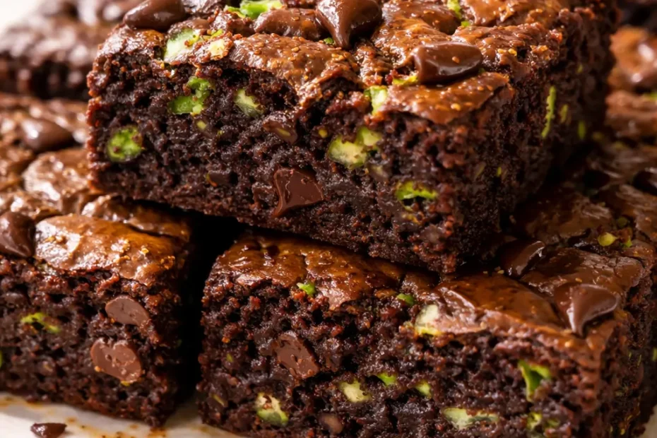 A square of fudgy zucchini brownies on a white plate, rich chocolate frosting, moist and decadent texture, no visible vegetables.