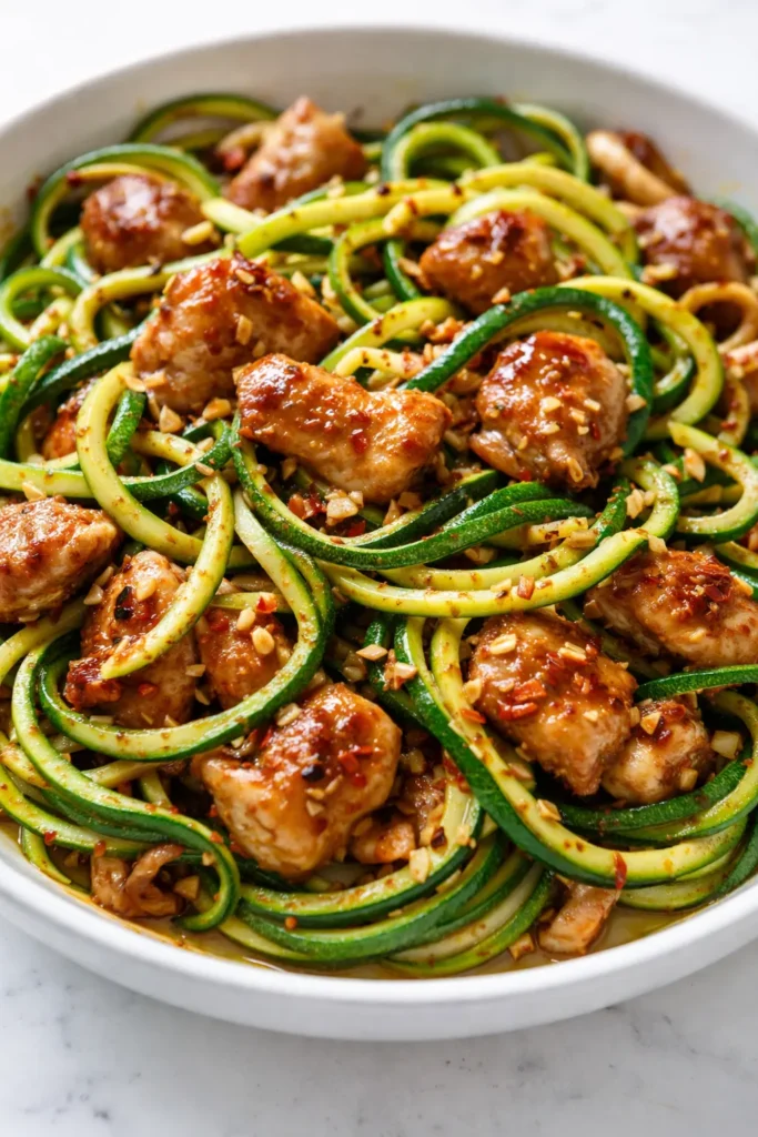 Steaming garlic chicken zucchini noodles stir fry in a wok, with tender chicken pieces, spiralized zucchini, and a glossy garlic sauce, garnished with sesame seeds and green onions.