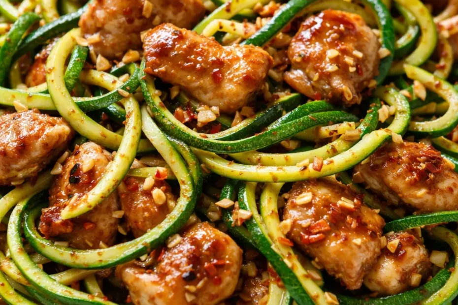 Steaming garlic chicken zucchini noodles stir fry in a wok, with tender chicken pieces, spiralized zucchini, and a glossy garlic sauce, garnished with sesame seeds and green onions.
