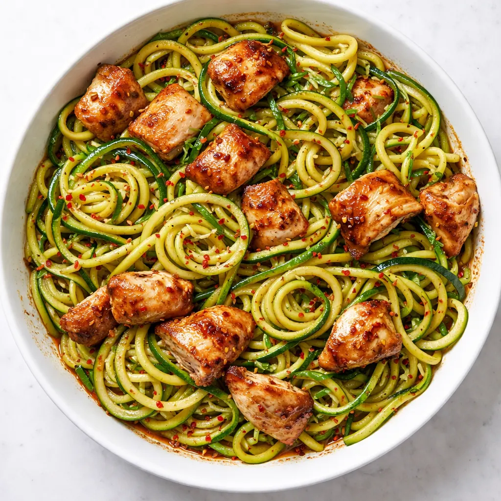 Sizzling garlic chicken and zucchini noodles stir fry in a hot wok with steam rising, coated in glossy soy sauce.