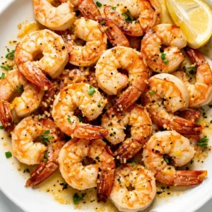 Garlic lemon shrimp sizzling in a skillet, turning golden brown and crispy with garlic slices and lemon wedges.
